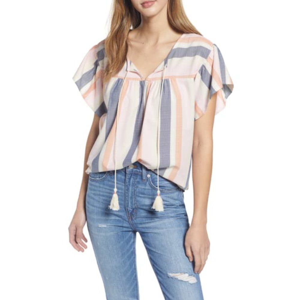 Bobeau Tie Front Striped Cotton Blend Blouse
